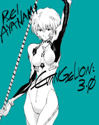 Rule 34 | 1girl, ayanami rei, character name, copyright name, cowboy shot, facing viewer, green background, interface headset, lance of longinus (evangelion), looking at viewer, neon genesis evangelion, plugsuit, short hair, simple background, solo, standing