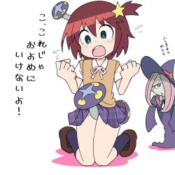Rule 34 | 10s, 2girls, blush, clothes lift, commentary request, crossover, gobanme no mayoi neko, green eyes, hair over one eye, half-closed eyes, hat, highres, kneeling, little witch academia, luluco, multiple girls, mushroom, pale skin, phallic symbol, pink eyes, pink hair, red hair, ribbon, school uniform, side ponytail, skirt, skirt lift, sucy manbavaran, translated, uchuu patrol luluco, white background, witch hat