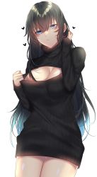 Rule 34 | 1girl, black hair, black sweater, blue eyes, blush, breasts, cleavage, cleavage cutout, closed mouth, clothing cutout, cowboy shot, hand in own hair, heart, highres, large breasts, long hair, long sleeves, looking at viewer, meme attire, no pants, onineko-chan, open-chest sweater, original, simple background, solo, sweater, white background