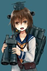 Rule 34 | 10s, 1girl, :d, binoculars, blue background, brown eyes, brown hair, dress, headgear, highres, kantai collection, long sleeves, looking at viewer, machinery, matching hair/eyes, natsuyuki, neckerchief, open mouth, sailor collar, sailor dress, short hair, simple background, smile, solo, upper body, yukikaze (kancolle)