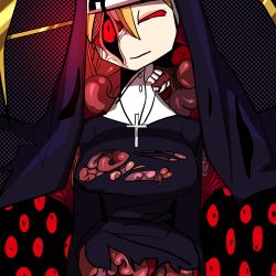 Rule 34 | 1girl, blonde hair, cross, double (skullgirls), female focus, halloween, jewelry, necklace, nun, red eyes, skullgirls, smile, solo, torn clothes