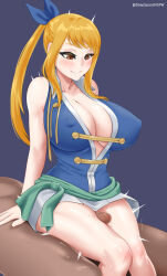 Rule 34 | 1boy, 1girl, assertive female, blonde hair, blue background, blue ribbon, blush, breasts, brown eyes, cleavage, dark-skinned male, dark skin, deepspace, deepspace (artist), erection, faceless, faceless male, fairy tail, hetero, highres, huge breasts, jacket tied around waist, knees together feet apart, large breasts, long hair, looking at penis, lucy heartfilia, motion lines, nipples visible through clothes, penis, penis visible through thighs, ponytail, ribbon, rubbing, sitting, sitting on person, skirt, smile, thick thighs, thigh sex, thighs, white skirt