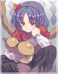Rule 34 | 1girl, blue hair, border, clenched hand, closed mouth, eyebrows, female focus, gourd, gradient background, hair ornament, hairband, hand on own chest, head rest, holding, jewelry, layered sleeves, leaf, leaf hair ornament, long sleeves, mirror, moriki takeshi, necklace, onbashira, parted bangs, purple hair, red eyes, ribbon, rope, shide, short hair, short over long sleeves, short sleeves, sitting, smile, solo, touhou, transparent border, yasaka kanako, yellow ribbon