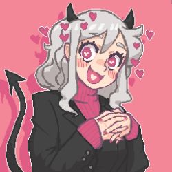 Rule 34 | 1girl, black suit, blush, breasts, demon girl, demon horns, demon tail, formal, happy, hcnone, heart, heart-shaped pupils, helltaker, horns, long sleeves, looking at viewer, modeus (helltaker), open mouth, pixel art, red eyes, shirt, simple background, sleeves past wrists, smile, solo, suit, sweater, symbol, symbol-shaped pupils, tail, turtleneck, upper body, white hair