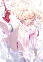 Rule 34 | 10s, 1girl, :d, aestus estus, ahoge, air bubble, bare arms, bare legs, barefoot, bead bracelet, beads, bikini, bracelet, bubble, blowing bubbles, caustics, collarbone, criss-cross halter, dress, earrings, fate/extra, fate/grand order, fate (series), floating, floating hair, freediving, full body, green eyes, hair between eyes, hair intakes, halterneck, highres, holding, holding weapon, jewelry, long hair, looking at viewer, mashima saki (mashimasa), multicolored bikini, multicolored clothes, navel, nero claudius (fate), nero claudius (fate) (all), nero claudius (swimsuit caster) (fate), nero claudius (swimsuit caster) (third ascension) (fate), open mouth, red bikini, see-through, side-tie bikini bottom, smile, soles, solo, striped bikini, striped clothes, submerged, swimsuit, thighs, twintails, underwater, water, weapon, white dress
