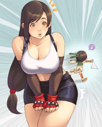Rule 34 | 1990s (style), 2girls, :o, bad id, bad pixiv id, blush, breasts, brown eyes, brown hair, cleavage, clothes theft, detached sleeves, elbow gloves, embarrassed, final fantasy, final fantasy vii, fingerless gloves, gloves, headband, holding, holding clothes, holding panties, holding underwear, large breasts, lips, long hair, low-tied long hair, maou alba, midriff, miniskirt, motion blur, motion lines, multiple girls, musical note, navel, panties, unworn panties, pencil skirt, quaver, retro artstyle, short hair, shorts, single thighhigh, skirt, spoken musical note, surprised, suspender skirt, suspenders, sweatdrop, theft, thighhighs, thighs, tifa lockhart, underwear, underwear theft, white panties, yuffie kisaragi