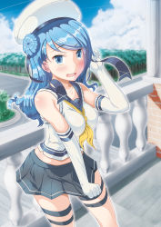 Rule 34 | 10s, 1girl, anklet, black skirt, blue eyes, blue hair, blue sky, blush, brianchan.t.w, brick, clothes pull, collarbone, contrail, day, double bun, elbow gloves, embarrassed, gloves, hair bun, hat, highres, jewelry, kantai collection, long hair, looking at viewer, matching hair/eyes, neckerchief, open mouth, pleated skirt, railing, road, school uniform, serafuku, shirt, skirt, skirt pull, sky, sleeveless, sleeveless shirt, solo, standing, street, swept bangs, tree, urakaze (kancolle), wavy mouth, white gloves, white hat, white shirt, yellow neckerchief