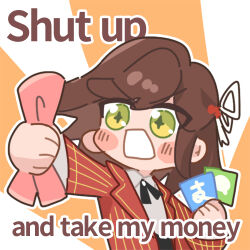 Rule 34 | 1girl, blush stickers, bow, brown hair, english text, green eyes, hair bow, hair ornament, holding, holding money, jacket, long hair, long sleeves, lowres, meme, money, open mouth, orange background, outline, red jacket, remosea, rosa (tears of themis), shirt, shut up and take my money (meme), solo, tears of themis, two-tone dress, v-shaped eyebrows, white background, white bow, white outline, white shirt
