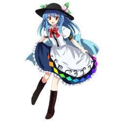 Rule 34 | 1girl, bad id, bad pixiv id, blue hair, blush, curtsey, fang, female focus, food, fruit, full body, gotyou, hat, highres, hinanawi tenshi, long hair, open mouth, peach, red eyes, ribbon, simple background, smile, solo, touhou, transparent background, white background