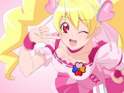 Rule 34 | 1girl, ;d, bent over, blonde hair, breasts, choker, cleavage, collarbone, cure peach, earrings, floating hair, fresh precure!, fuchi (nightmare), hair between eyes, hair ornament, hand on own hip, heart, heart earrings, heart hair ornament, index finger raised, jewelry, layered skirt, long hair, looking at viewer, medium breasts, miniskirt, one eye closed, open mouth, pink background, pink shirt, pink skirt, pleated skirt, precure, red choker, red eyes, shiny skin, shirt, short sleeves, skirt, smile, solo, twintails, underbust, very long hair, white skirt, wrist cuffs