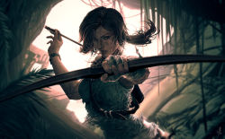 Rule 34 | 1girl, arrow (projectile), bandaged arm, bandaged hand, bandages, bare shoulders, bow, bow (weapon), brown eyes, brown hair, cave, commentary, dirty, dirty face, english commentary, facing viewer, hair lift, highres, holding, holding arrow, holding bow (weapon), holding weapon, huevang, jungle, lara croft, leaf, light, looking at viewer, nature, outdoors, parted lips, quiver, solo, tank top, tomb raider, tomb raider (reboot), torn clothes, weapon