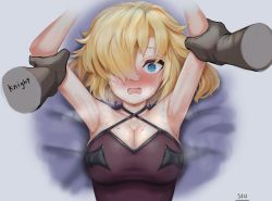 Rule 34 | 1girl, @ @, alternate costume, arm grab, armpits, artist name, blonde hair, blue eyes, breasts, close-up, future princess, gloves, guardian tales, hair over one eye, highres, looking at viewer, medium breasts, open mouth, seo (tqhgud016), speech bubble, sweat, upper body