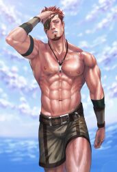 Rule 34 | 1boy, abs, armband, bara, beard, brown eyes, bulge, carless (ppanic), cloud, day, eyepatch, facial hair, fire emblem, fire emblem echoes: shadows of valentia, green shorts, highres, jewelry, large pectorals, male focus, muscular, muscular male, navel, necklace, nintendo, nipples, outdoors, pectorals, red hair, saber (fire emblem), short hair, shorts, sky, solo, sweat, topless male