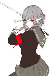 1girl, absurdres, black jacket, braid, closed mouth, danganronpa (series), eyebrows visible through hair, feet out of frame, ff frbb122, grey hair, grey skirt, hair ribbon, highres, holding, holding sword, holding weapon, jacket, long hair, looking at viewer, pekoyama peko, red eyes, ribbon, school uniform, skirt, solo, standing, sword, twintails, weapon, white background, white ribbon