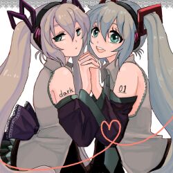 Rule 34 | 2girls, back bow, blue hair, bow, collared shirt, detached sleeves, dual persona, from side, green eyes, grey hair, hair ornament, hatsune miku, hatsune miku (append), headphones, heart, heart of string, holding hands, kazu tanuki, long hair, long sleeves, looking at viewer, looking to the side, multiple girls, necktie, open mouth, parted lips, shirt, sleeveless, sleeveless shirt, smile, very long hair, vocaloid, vocaloid append