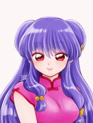 1girl bow chinese_clothes dress hair_bow long_hair moroi_(moroiohs) pink_dress purple_hair ranma_1/2 red_eyes shampoo_(ranma_1/2) sidelocks signature simple_background sleeveless sleeveless_dress smile white_background yellow_bow