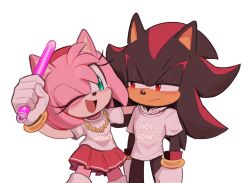 Rule 34 | 1boy, 1girl, alternate costume, amy rose, arm up, furry, furry female, furry male, gloves, green eyes, holding glowstick, jewelry, looking at another, necklace, one eye closed, open mouth, pleated skirt, red eyes, red skirt, shadow the hedgehog, shirt, simple background, skirt, sonic (series), toonsite, white background, white gloves, white shirt