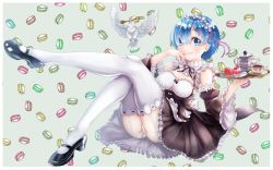 Rule 34 | 10s, 1girl, absurdres, apron, ass, bird, black dress, blue eyes, blue hair, blush, breasts, cleavage, commentary request, crossed legs, cup, detached collar, detached sleeves, dress, flower, food, fork, fruit, full body, garter straps, hair flower, hair ornament, hair ribbon, hand to own mouth, highres, holding, holding tray, looking at viewer, macaron, macaron background, maid headdress, mary janes, medium breasts, monty1024, panties, pantyhose, pantyshot, re:zero kara hajimeru isekai seikatsu, rem (re:zero), ribbon, ribbon-trimmed collar, ribbon-trimmed dress, ribbon-trimmed sleeves, ribbon trim, shoes, short hair, sitting, solo, strawberry, teacup, teapot, thighhighs, thighs, tray, underwear, waist apron, white apron, white pantyhose, wide sleeves, x hair ornament