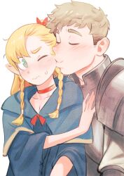 Rule 34 | 1boy, 1girl, absurdres, armor, blonde hair, blue capelet, blush, braid, capelet, choker, closed eyes, colo (nagrolaz), couple, dungeon meshi, elf, green eyes, hetero, highres, kiss, kissing cheek, laios touden, long hair, long sleeves, marcille donato, one eye closed, pointy ears, robe, short hair, simple background, smile, sweatdrop