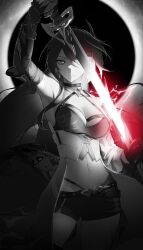 Rule 34 | 1girl, absurdres, acheron (honkai: star rail), arm up, armpits, breasts, choker, cleavage, commentary request, cowboy shot, highres, holding, holding sword, holding weapon, honkai: star rail, honkai (series), huybu51, katana, long hair, looking at viewer, medium breasts, midriff, navel, short shorts, shorts, solo, standing, stomach, sword, thighs, very long hair, weapon