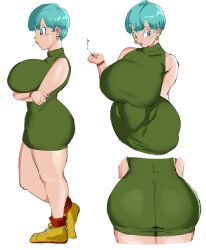 Rule 34 | 1girl, ass, blue eyes, blue hair, breasts, bulma, cigarette, crossed arms, dragon ball, dragonball z, dress, full body, green dress, highres, huge ass, huge breasts, multiple views, open mouth, panarandom, shoes, solo, standing
