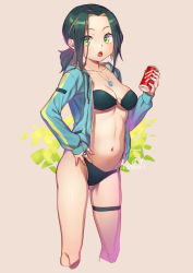 Rule 34 | 1girl, bikini, bikini under clothes, black bikini, black hair, blue jacket, breasts, can, cleavage, drink can, green eyes, hand on own hip, highres, holding, jacket, jewelry, mitake eil, navel, no pants, o-ring, o-ring bikini, open mouth, original, pendant, ponytail, short hair, soda can, solo, swimsuit, thigh strap, thighs