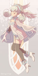 Rule 34 | 1girl, absurdres, black thighhighs, boots, breasts, brown cloak, cleavage, cloak, closed eyes, closed mouth, commentary request, dress, feathered wings, grey background, grey hair, grey wings, head wings, high heel boots, high heels, highres, legend of nappo, long hair, melia antiqua, small breasts, solo, star (symbol), starry background, strapless, strapless dress, thighhighs, thighhighs under boots, twintails, white dress, white footwear, wings, xenoblade chronicles (series), xenoblade chronicles 1