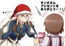 Rule 34 | 1boy, 1girl, black gloves, black ribbon, blonde hair, blue eyes, blue jacket, braid, brooch, brown hair, christmas, closed mouth, commentary, dress, expressionless, gift, gloves, hat, high collar, highres, holding, holding gift, holding sack, jacket, jewelry, leaning forward, long dress, long sleeves, looking at another, medium hair, motion lines, neck ribbon, omachi (slabco), over shoulder, red headwear, ribbon, sack, santa hat, simple background, sparkle, standing, thumbs up, translated, violet evergarden, violet evergarden (series), white background, white dress