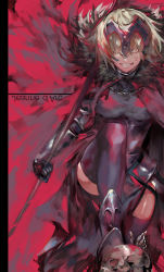 Rule 34 | 1girl, absurdres, araya (hachino araya), bad id, bad twitter id, blonde hair, blood, blood on face, cape, chain, commentary request, dress, fate/grand order, fate (series), fur trim, gauntlets, grin, headpiece, highres, jeanne d&#039;arc (fate), jeanne d&#039;arc alter (avenger) (fate), jeanne d&#039;arc alter (fate), looking at viewer, short hair, skull, smile, solo, thighhighs, yellow eyes