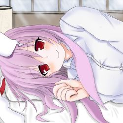 Rule 34 | 1girl, animal ears, blush, breasts, rabbit ears, female focus, large breasts, long hair, looking at viewer, lying, purple hair, red eyes, reisen udongein inaba, shirt, smile, solo, sprout (33510539), touhou, white shirt