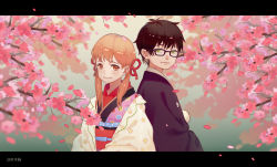 Rule 34 | 1boy, 1girl, :|, absurdres, black hair, blush, brown hair, cherry blossoms, closed mouth, glasses, green eyes, highres, japanese clothes, kawamoto hinata, kimono, kiriyama rei, letterboxed, limao jun, looking at viewer, medium hair, outdoors, petals, red eyes, sangatsu no lion, short twintails, smile, twintails, upper body