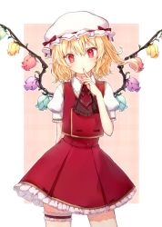 Rule 34 | 1girl, blonde hair, border, bridal garter, closed mouth, commentary request, cowboy shot, finger to mouth, flandre scarlet, flat chest, flower, green flower, hair between eyes, hat, hat ribbon, head tilt, honotai, looking at viewer, mob cap, outside border, petticoat, pink background, purple flower, red eyes, red flower, red ribbon, red skirt, red vest, ribbon, shirt, skirt, skirt set, smile, solo, standing, touhou, ves, vest, white border, white hat, white shirt, wing collar, wings, yellow flower
