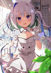 Rule 34 | 1girl, amane kanata, amane kanata (1st costume), amane kanata (nurse), angel, angel wings, bandaged arm, bandages, blue hair, blush, collar, colored inner hair, detached collar, dress, gloves, grey hair, hat, highres, hololive, looking at viewer, multicolored hair, nurse, nurse cap, official alternate costume, open mouth, photo (object), picture frame, pink hair, purple eyes, rmwt7525, smile, solo, streaked hair, twintails, virtual youtuber, white collar, white dress, white gloves, white hat, wings