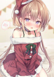 Rule 34 | 1girl, blurry, blurry background, blush, brown hair, christmas, commentary request, depth of field, dress, ebihara beniko, fang, flying sweatdrops, fur-trimmed dress, fur-trimmed headwear, fur trim, hair between eyes, hat, highres, long hair, long sleeves, looking at viewer, low twintails, off-shoulder dress, off shoulder, original, parted lips, pennant, purple eyes, red dress, red hat, santa costume, santa hat, solo, spoken blush, string of flags, tilted headwear, twintails, very long hair, wavy mouth