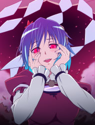 Rule 34 | 1girl, blue hair, blush, cloud, dress, female focus, glowing, glowing eyes, h-new, hair ornament, hands on own cheeks, hands on own face, highres, jewelry, mirai nikki, mirror, necklace, parody, petals, red dress, red eyes, red sky, rope, shimenawa, shirt, short hair, sky, slit pupils, solo, touhou, yandere, yandere trance, yasaka kanako