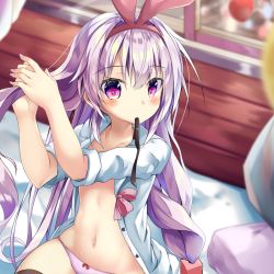 Rule 34 | 1girl, adjusting hair, animal ears, azur lane, bad id, bad pixiv id, balloon, bed, black ribbon, black thighhighs, blurry, blurry background, blush, bow, bowtie, buttons, closed mouth, collarbone, commentary request, curtains, depth of field, fake animal ears, groin, hair intakes, hair ornament, hair ribbon, hairband, hobby (azur lane), hobby (little idol schoolgirl) (azur lane), indoors, long hair, looking at viewer, low-tied long hair, mitsuhamochi, mouth hold, nail polish, navel, no bra, no pants, on bed, open clothes, open shirt, panties, pink bow, pink bowtie, pink eyes, pink nails, pink panties, rabbit ears, ribbon, shirt, short sleeves, sidelocks, silver hair, skindentation, solo, stomach, thighhighs, unbuttoned, underwear, very long hair, white shirt, window