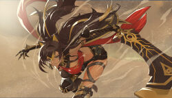 Rule 34 | 1girl, animal ears, artist request, black hair, blue eyes, bracelet, breasts, claws, dehya (genshin impact), floating hair, gauntlets, genshin impact, gold, hanging breasts, highres, holding, holding weapon, jewelry, large breasts, long hair, looking at viewer, one leg raised, sand, shorts, smile, sword, teeth, weapon