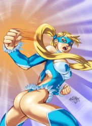 Rule 34 | 1990s (style), 1girl, ass, blonde hair, blue eyes, breasts, capcom, cleavage, cleavage cutout, clothing cutout, heart, highres, large breasts, legs, leotard, long hair, long legs, looking back, mask, matias soto, matiassoto, open mouth, punching, rainbow mika, retro artstyle, solo, street fighter, street fighter zero (series), thighhighs, thighs, twintails