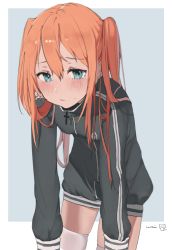 Rule 34 | 1girl, artist name, bad id, bad pixiv id, blue eyes, cowboy shot, cross, cross necklace, hair between eyes, highres, jacket, jewelry, leaning forward, long hair, looking at viewer, necklace, orange hair, original, skindentation, solo, sportswear, sweatdrop, thighhighs, track jacket, twintails, uni (melm), upper body, white thighhighs