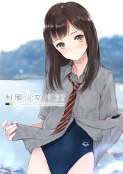 Rule 34 | 1girl, bad id, bad pixiv id, blurry, blush, breast pocket, brown hair, closed mouth, competition swimsuit, day, depth of field, female focus, fujita hidetoshi, grey eyes, grey shirt, head tilt, lifted by self, light smile, long hair, looking at viewer, necktie, ocean, one-piece swimsuit, original, outdoors, pocket, red necktie, school uniform, shirt, short sleeves, sidelocks, smile, solo, striped necktie, striped neckwear, swimsuit, swimsuit under clothes
