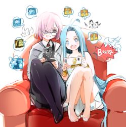 Rule 34 | + +, 2girls, :d, ahoge, armchair, armlet, bad id, bad twitter id, bare legs, barefoot, black legwear, black skirt, blue hair, blush, cellphone, chair, couch, crossover, dress, easy chair, fate/grand order, fate (series), feet on chair, full body, glasses, granblue fantasy, grin, hair over one eye, happy, holding, holding phone, knees to chest, legs folded, legs together, long dress, long hair, lyria (granblue fantasy), mash kyrielight, multiple girls, no shoes, open mouth, pantyhose, phone, pink hair, playing games, short hair, simple background, sitting, skirt, smartphone, smartphone case, smile, spoken object, teeth, toe-point, tribute (tributism), upper teeth only, very long hair, white background, white dress