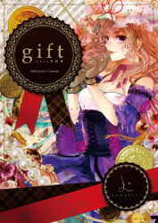 Rule 34 | 1girl, blonde hair, choker, coin, corset, cover, cover page, detached sleeves, dress, english text, female focus, finger to mouth, frilled sleeves, frills, gem, gloves, hat, hat ribbon, lips, long hair, pearl (gemstone), purple dress, purple eyes, ribbon, ribbon choker, solo, striped, striped background, touhou, wide sleeves, xero, yakumo yukari