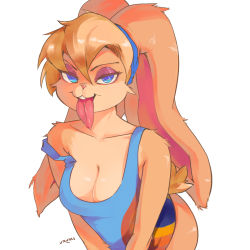 Rule 34 | animal ears, animal nose, bare shoulders, basketball, basketball uniform, blonde hair, blue eyes, body fur, breasts, cleavage, collarbone, eyeshadow, furry, furry female, highres, large breasts, lola bunny, long tongue, looking at viewer, looney tunes, makeup, rabbit ears, rabbit girl, saliva, saliva trail, self-upload, signature, simple background, space jam, sportswear, tied ears, tongue, tongue out, urumi (urumi00), white background