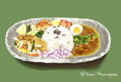 Rule 34 | artist name, curry, egg (food), food, food focus, green background, hayasegawayayoi, highres, meat, no humans, noodles, onion, original, plate, rice, shadow, simple background, still life