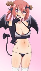 Rule 34 | 1girl, :d, areola slip, arm under breasts, bare shoulders, bat hair ornament, bikini, black bikini, black choker, black gloves, black ribbon, blush, breasts, brown eyes, choker, cleavage, collarbone, commentary request, curled horns, demon girl, demon horns, demon tail, demon wings, elbow gloves, fang, gabriel dropout, gloves, gradient background, grey bikini, groin, hair ornament, hair ribbon, hair rings, head tilt, highres, horns, looking at viewer, medium breasts, navel, open mouth, pink background, red hair, ribbon, satanichia kurumizawa mcdowell, sidelocks, sincos, smile, solo, standing, swimsuit, tail, thighhighs, v-shaped eyebrows, white thighhighs, wings