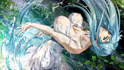 Rule 34 | 1girl, arched back, ass, bare shoulders, blue hair, bouncing breasts, breasts, character request, collarbone, covered erect nipples, dress, dutch angle, eyelashes, eyeshadow, female focus, from behind, green eyes, highres, iconic field, japan animator expo, large breasts, leaning back, lips, long hair, looking at viewer, makeup, nature, nipples, no bra, nolia, outdoors, revision, see-through, sleeveless, sleeveless dress, solo, spaghetti strap, splashing, standing, strap slip, very long hair, wading, wallpaper, water, water drop, wet, wet clothes, wet hair, white dress