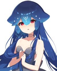 Rule 34 | 1girl, bao (vtuber), bao (vtuber) (1st costume), bare arms, bare shoulders, black footwear, blue hair, blush, commentary, dress, gradient hair, grey dress, hair between eyes, holding, holding hair, indie virtual youtuber, long hair, looking at viewer, mamyouda, multicolored hair, parted lips, red eyes, shoes, simple background, solo, standing, strapless, strapless dress, very long hair, virtual youtuber, white background