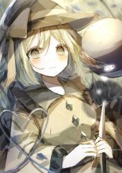 Rule 34 | 1girl, blouse, blush, bow, frills, glint, green eyes, green hair, hat, hat bow, heart, highres, holding, holding knife, knife, komeiji koishi, light smile, long sleeves, looking at viewer, ribbon, shiba 0007, shirt, solo, tears, third eye, touhou, upper body, wide sleeves, yellow bow, yellow shirt