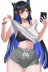 asymmetrical_horns black_bra black_hair blue_hair bra breasts cellphone clothes_lift colored_inner_hair demon_horns dolphin_shorts grey_shorts hair_ornament highleg_shorts highres holding holding_phone hololive hololive_english horns large_breasts lifting_own_clothes long_hair mole mole_under_eye multicolored_hair nerissa_ravencroft phone red_eyes shirt shirt_lift short_shorts shorts smartphone taking_picture two-tone_hair underwear uneven_horns virtual_youtuber white_shirt yobi_(ybpac18)