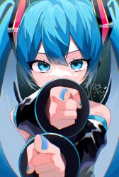 Rule 34 | 1girl, absurdres, akita aaa, bare shoulders, black background, black sleeves, blue eyes, blue hair, blue nails, clenched hands, covered mouth, detached sleeves, foreshortening, hair between eyes, hatsune miku, highres, long hair, long sleeves, nail polish, next nest (vocaloid), number tattoo, outstretched arms, pointing, pointing at viewer, serious, sidelocks, signature, simple background, solo, tattoo, twintails, upper body, vocaloid
